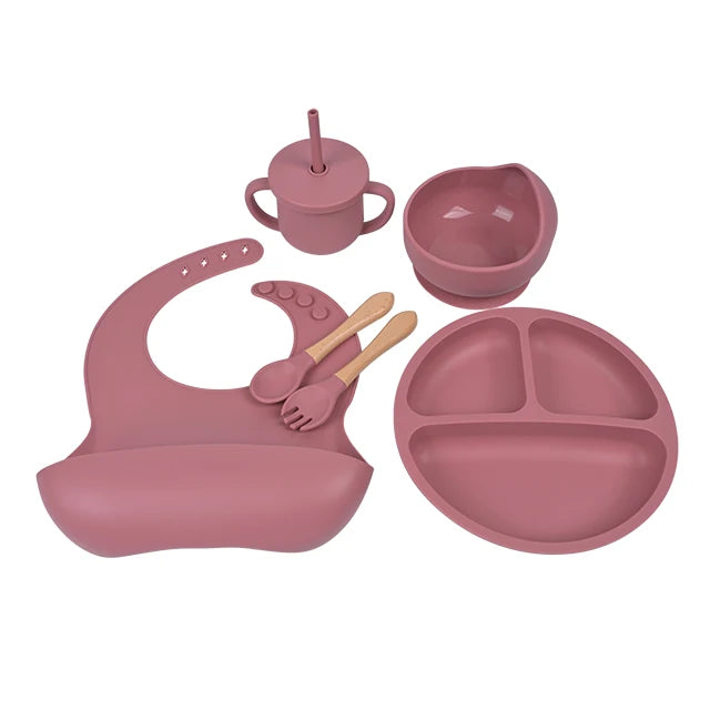 BPA Free Non Toxic Children Dishes Utenisl Dinnerware Kid Tableware Silicone Baby Feeding Set Suction Silicone Bib Bowl Plate