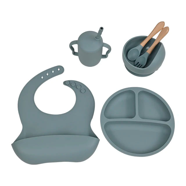 BPA Free Non Toxic Children Dishes Utenisl Dinnerware Kid Tableware Silicone Baby Feeding Set Suction Silicone Bib Bowl Plate