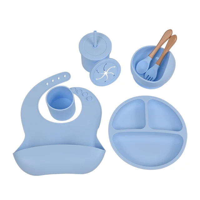 BPA Free Non Toxic Children Dishes Utenisl Dinnerware Kid Tableware Silicone Baby Feeding Set Suction Silicone Bib Bowl Plate