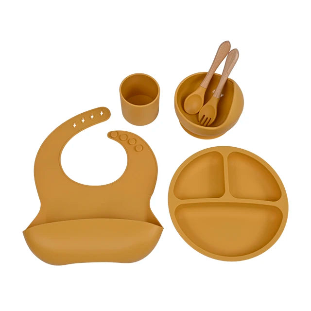 BPA Free Non Toxic Children Dishes Utenisl Dinnerware Kid Tableware Silicone Baby Feeding Set Suction Silicone Bib Bowl Plate